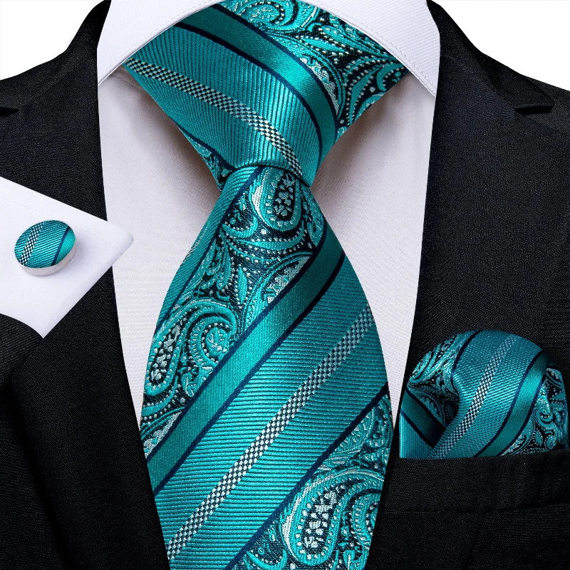 Stylish tie for professional men-Teal Black Floral Men's Tie Handkerchief Cufflinks Set