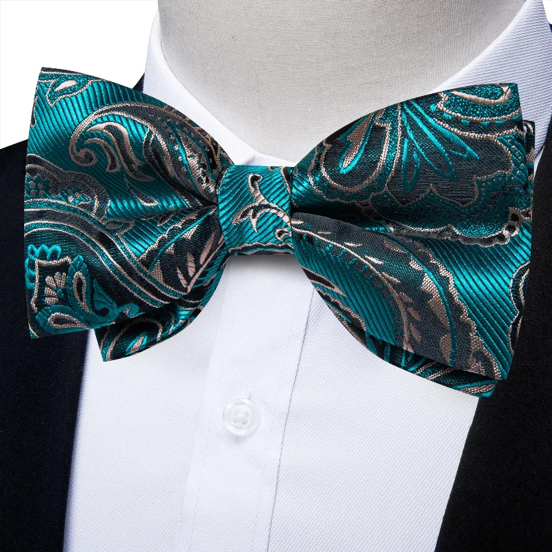 Men's tie with a rich texture-Teal Black Green Floral Silk Men's Pre-Bowtie Pocket Square Cufflinks Set