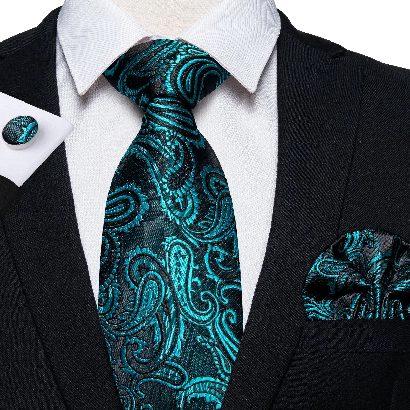 Men's tie for wedding parties-Teal blue Paisley Tie Hanky Cufflinks Set