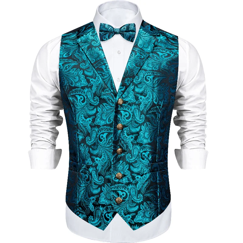 Men's tie with modern stripes-Teal Floral Jacquard V Neck Vest Neck Bow Tie Handkerchief Cufflinks Set