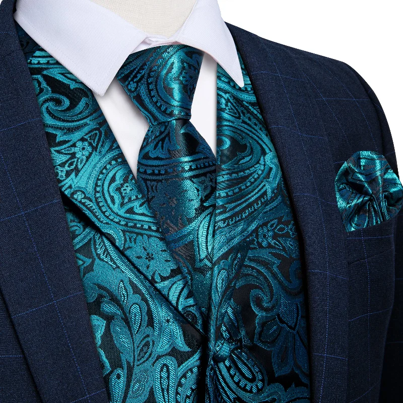 Men's tie with an embroidered design-Teal Floral Jacquard V Neck Waistcoat Vest Necktie Handkerchief Cufflinks Set