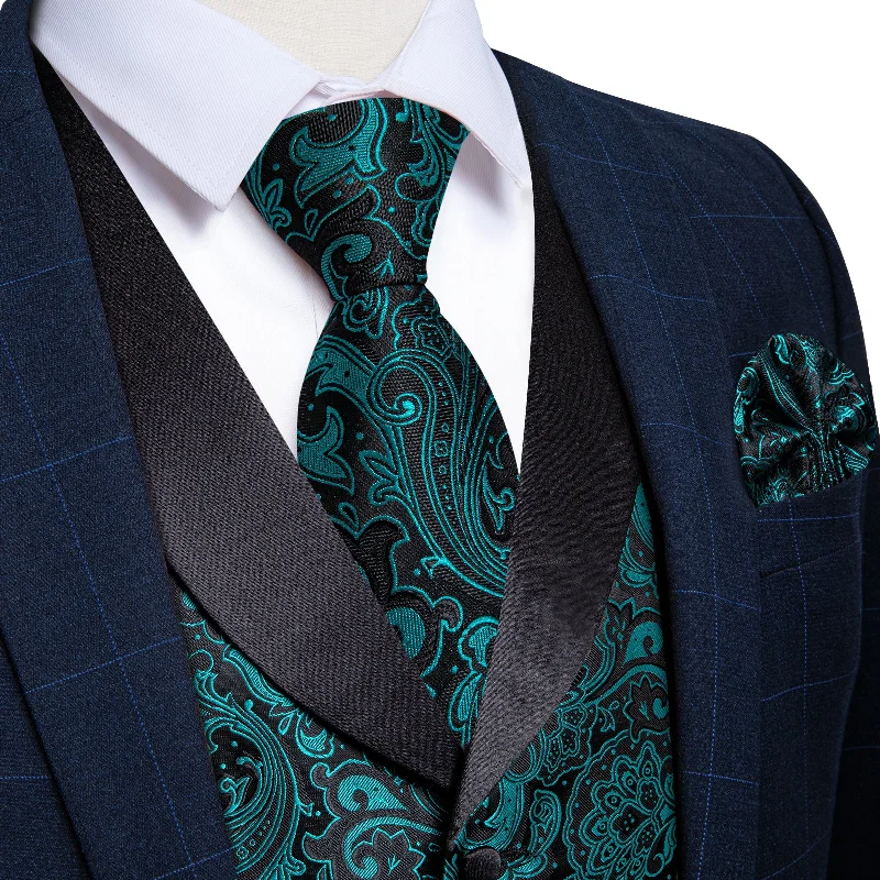 Men's tie with paisley pattern-Teal Floral Jacquard V Neck Waistcoat Vest Tie Handkerchief Cufflinks Set