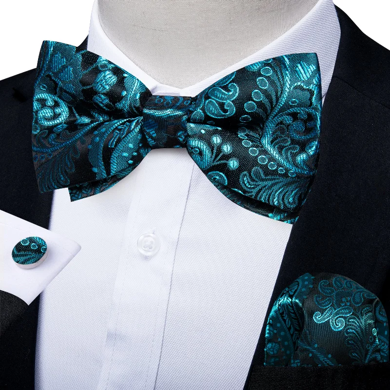 Men's tie with intricate design-Teal Floral Men's Pre-Bowtie Square Handkerchief Cufflinks Set