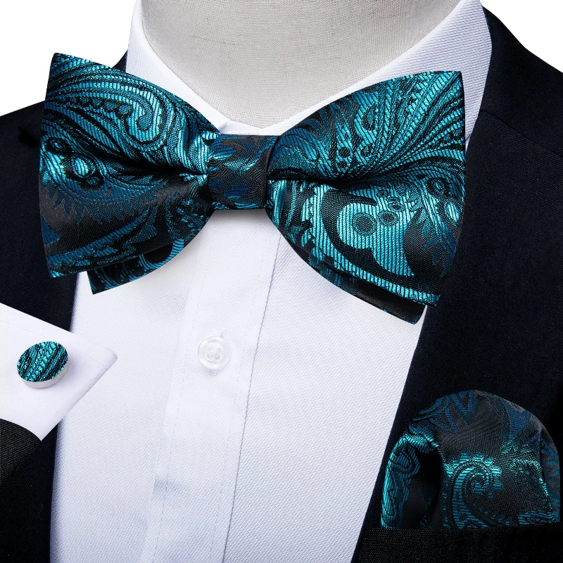 Slim fit men's tie-Teal Floral Silk Men's Pre-Bowtie Pocket Square Cufflinks Set