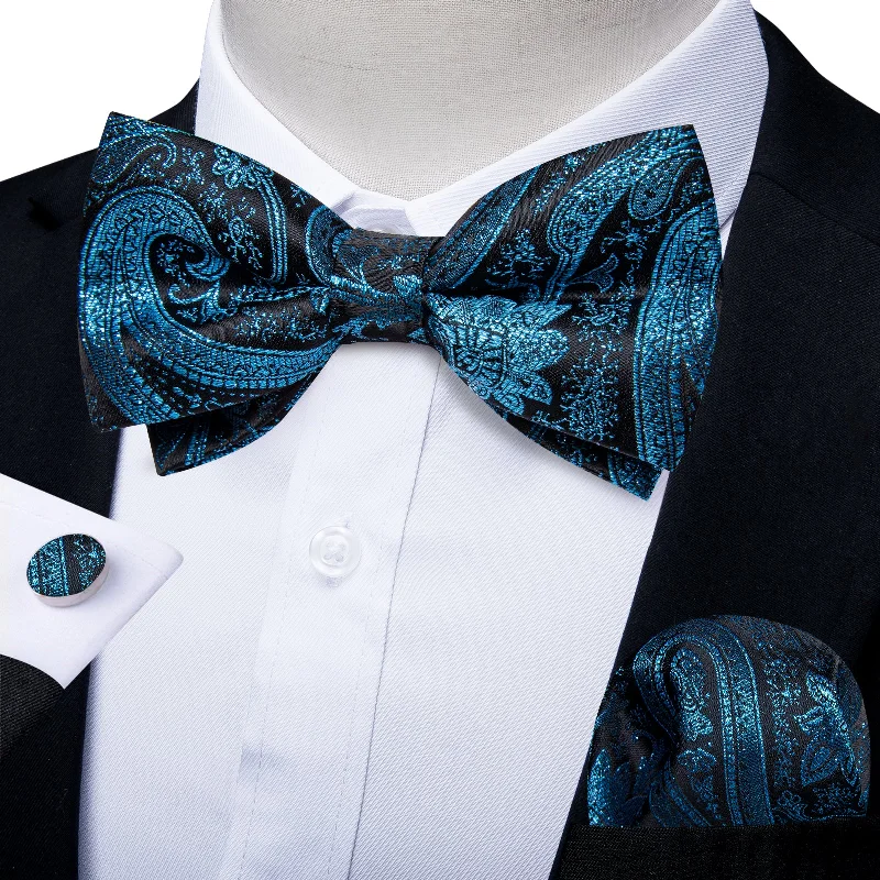 Men's tie with fine lines-Teal Floral Silk Men's Pre-Bowtie Pocket Square Cufflinks Set