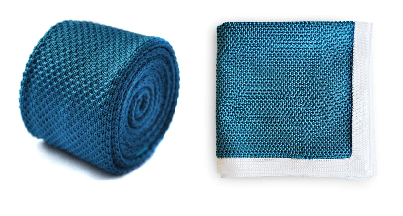 Men's high-end necktie-teal knitted tie with matching pocket square