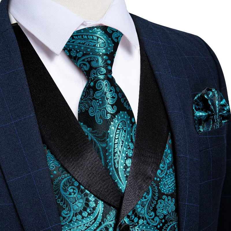 Men's plaid tie-Teal Paisley Jacquard V Neck Waistcoat Vest Tie Handkerchief Cufflinks Set