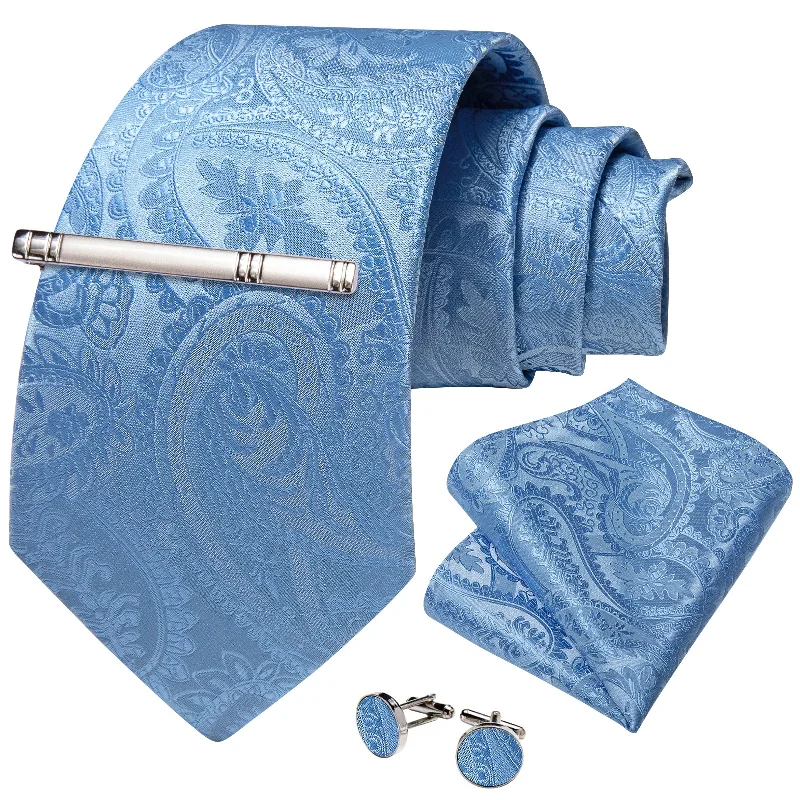 Men's tie with a touch of gold-Teal Paisley Men's Tie Handkerchief Cufflinks Clip Set