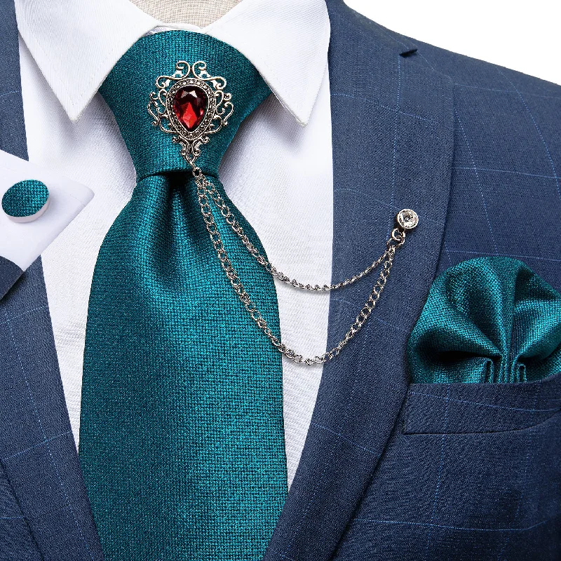 Men's tie for formal attire-Teal Solid Tie Men's Silk Necktie Handkerchief Cufflinks Set With GEM Lapel Pin Brooch Set