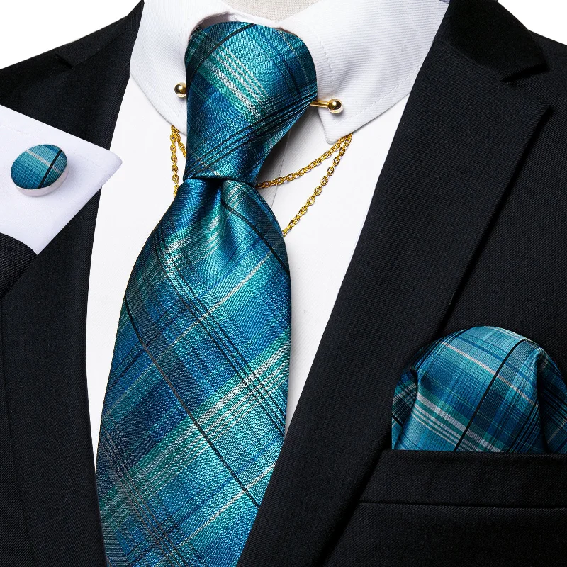 Men's tie with a rich texture-Teal Striped Men's Tie Handkerchief Cufflinks with Collar Pin