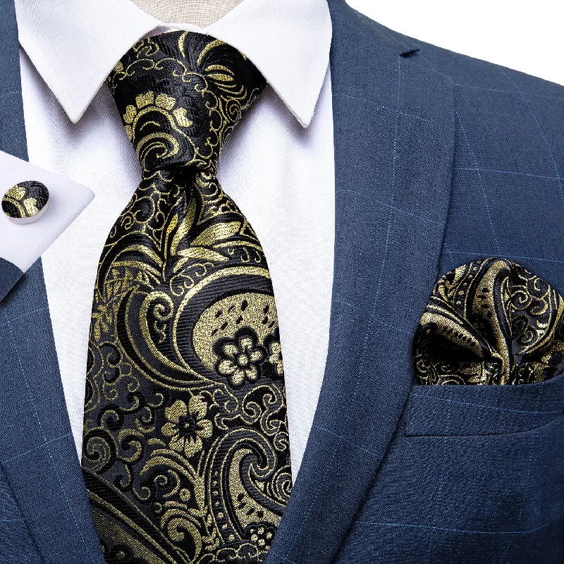 High-quality men's tie-Attractive  Men's Black Yellow floral Tie Set