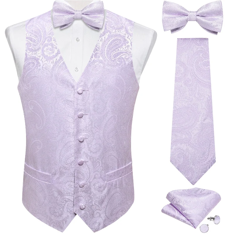 Men's tie for summer-Violet Ash Floral Jacquard Vest Neck Bow Tie Handkerchief Cufflinks Set