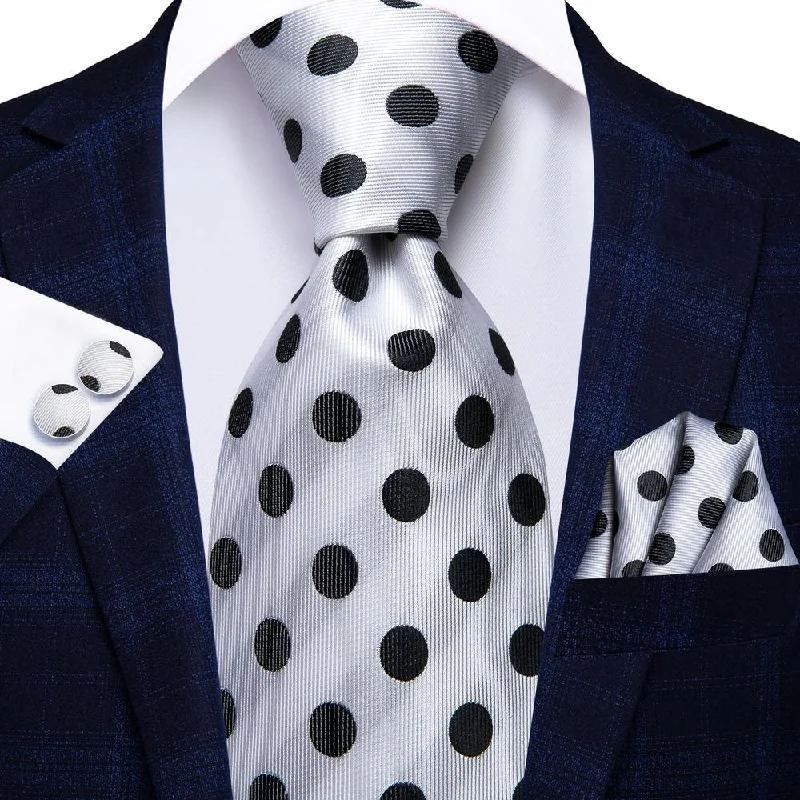 Men's tie for a job interview-White Black Polka Dot Tie Handkerchief Cufflinks Set