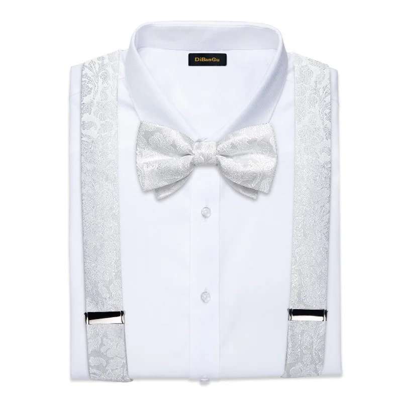 Men's tie for a date-White Floral Brace Clip-on Men's Suspender with Bow Tie Set