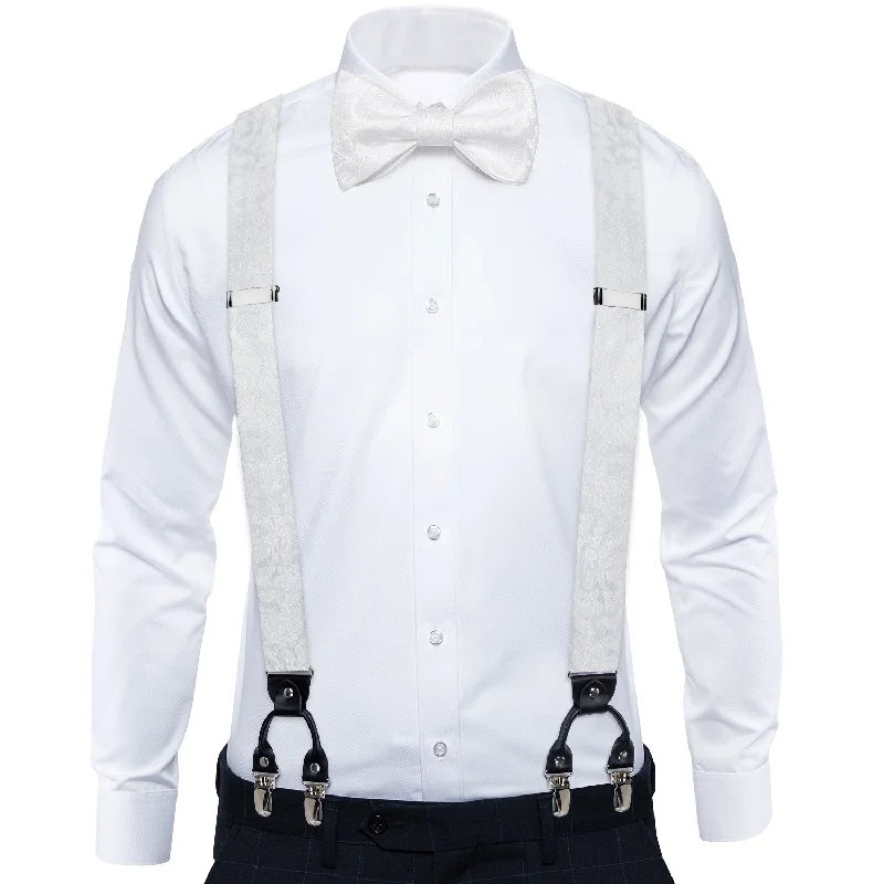 Best men's tie for casual events-White Floral Brace Clip-on Men's Suspender with Bow Tie Set