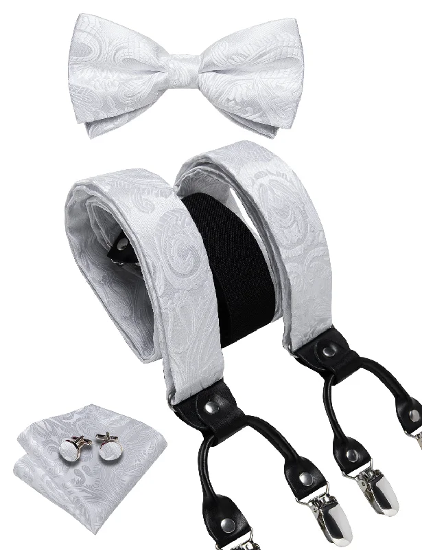 Men's classic necktie for office work-White Floral Brace Clip-on Men's Suspender with Bow Tie Set