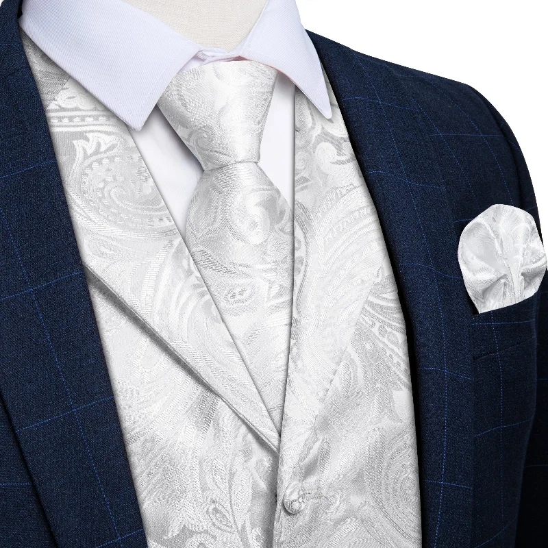 Men's tie with a diamond pattern design-White Floral Jacquard V Neck Waistcoat Vest Necktie Pocket Square Cufflinks Set