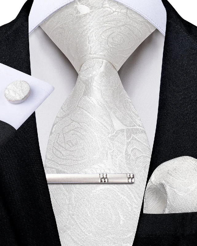 Men's necktie for evening attire-White Floral Men's Tie Handkerchief Cufflinks Clip Set