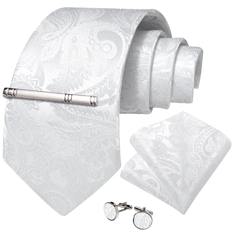 Men's tie for a stylish look-White Floral Men's Tie Handkerchief Cufflinks Clip Set