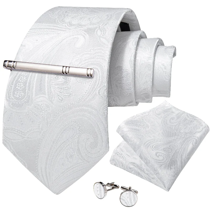 Men's tie with a floral motif-White Floral Men's Tie Handkerchief Cufflinks Clip Set