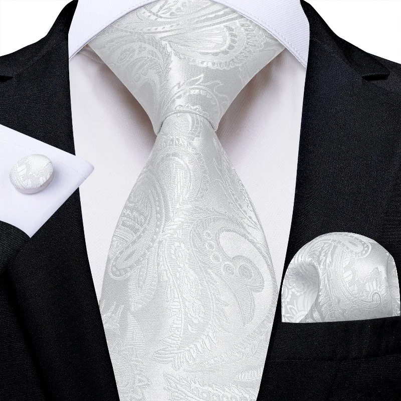 Men's tie with floral embroidery-White Floral Men's Tie Pocket Square Handkerchief Set