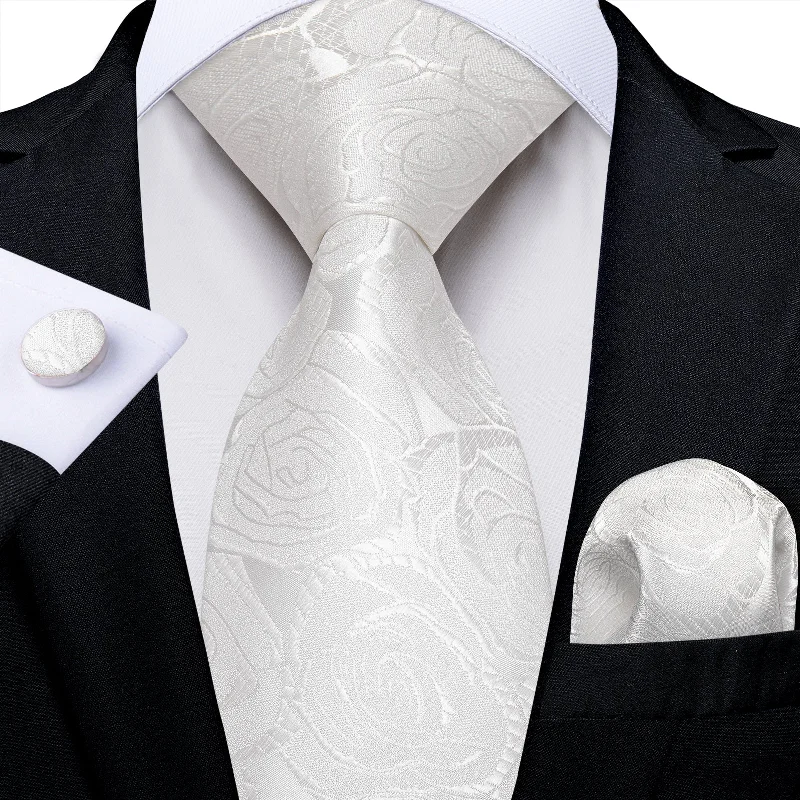 Formal men's neckties-White Floral Men's Tie Pocket Square Handkerchief Set