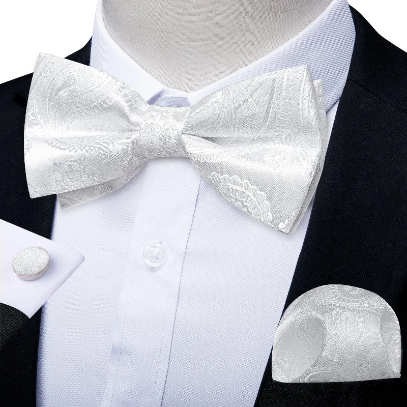 Men's tie for winter-White Floral Silk Men's Pre-Bowtie Pocket Square Cufflinks Set