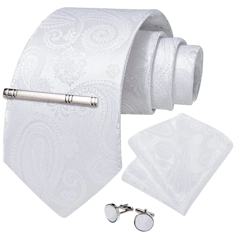 Men's tie for a stylish look-White Paisley Men's Tie Handkerchief Cufflinks Clip Set