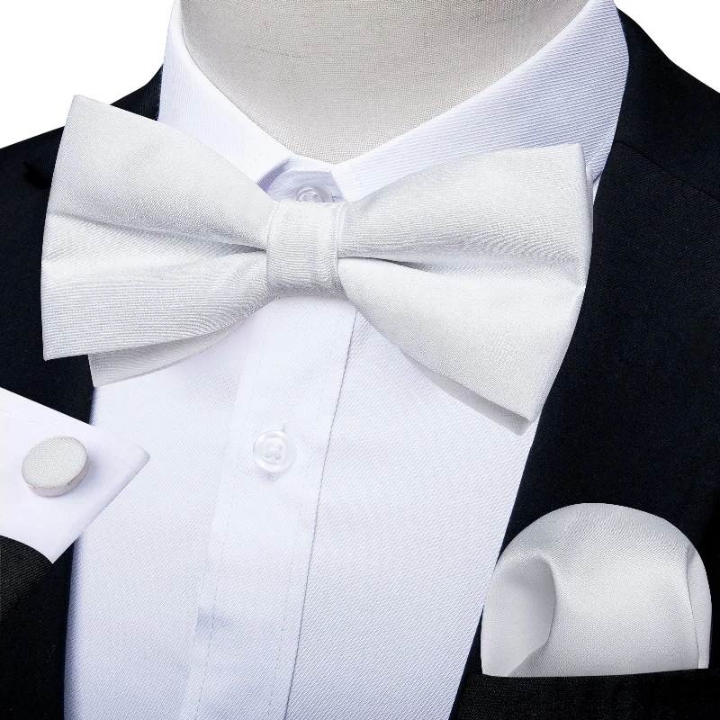 Classic men's tie with subtle texture-White Satin Men's Pre-Bowtie Pocket Square Cufflinks Set