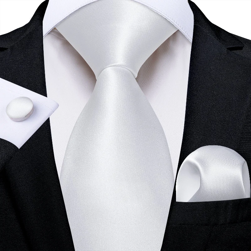 Men's tie for prom-White Solid Men's Tie Pocket Square Handkerchief Set