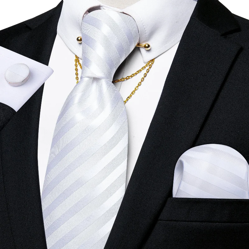 Men's silk tie for festive occasions-White Striped Tie Pocket Square Cufflinks with Collar Pin