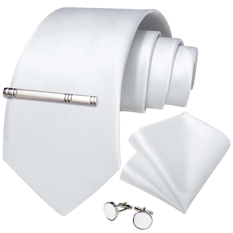 Designer tie for men-Whtie Solid Men's Tie Handkerchief Cufflinks Clip Set