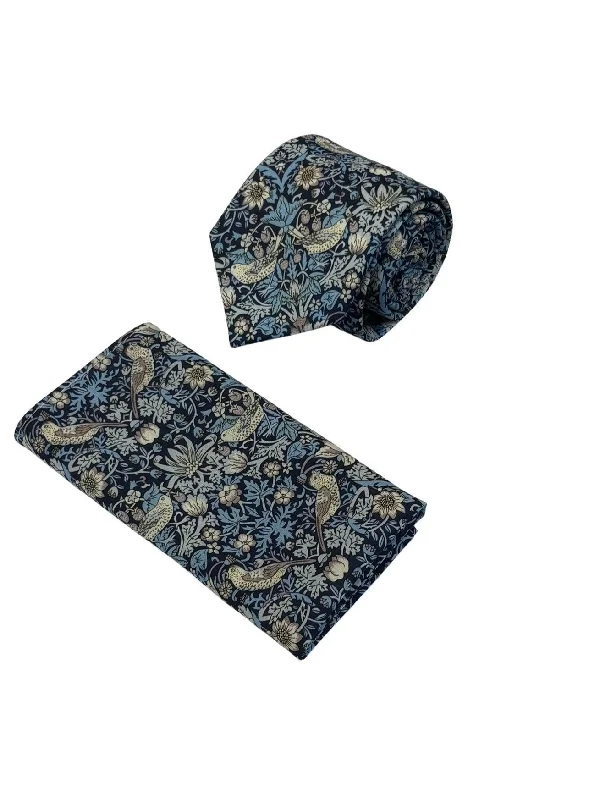 Modern men's necktie for work-william morris liberty style blue strawberry thief english garden wildflower design tie and matching pocket square