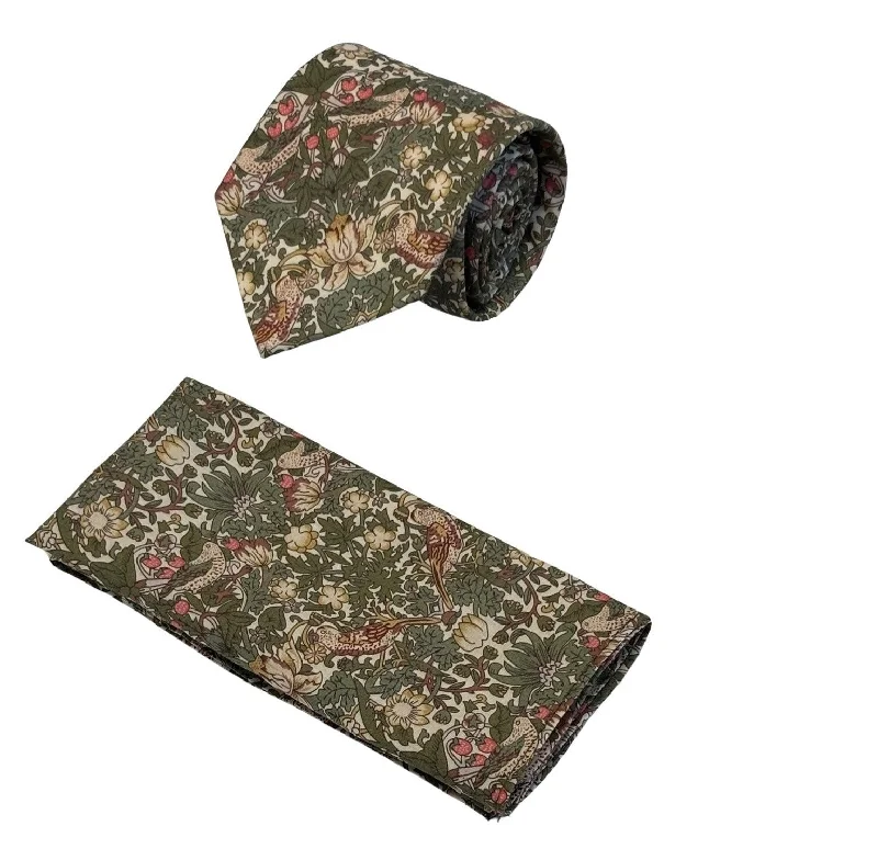 Unique men's tie for wedding-William Morris style green strawberry thief English garden wildflower design tie and matching pocket square