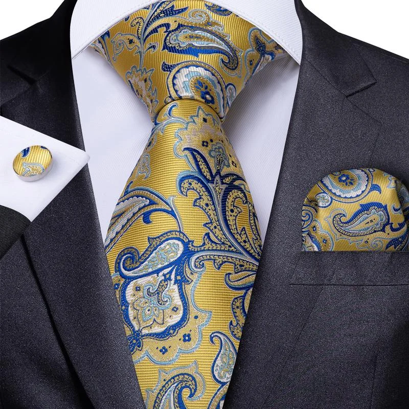 Affordable silk necktie for men-Yellow Blue Paisley Floral Men's Tie Handkerchief Cufflinks Set