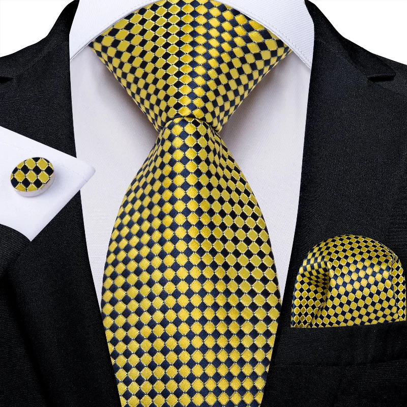 Men's necktie for fashion events-Yellow Blue Plaid Men's Tie Handkerchief Cufflinks Set