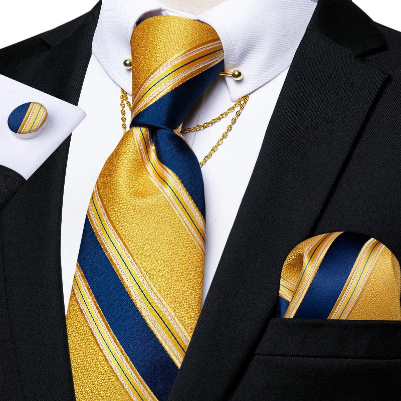 Men's tie for everyday office wear-Yellow Blue Striped Men's Tie Handkerchief Cufflinks Set with Collar Pin