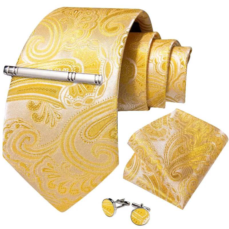 Men's tie with contrasting colors-Yellow Floral Men's Tie Handkerchief Cufflinks Clip Set