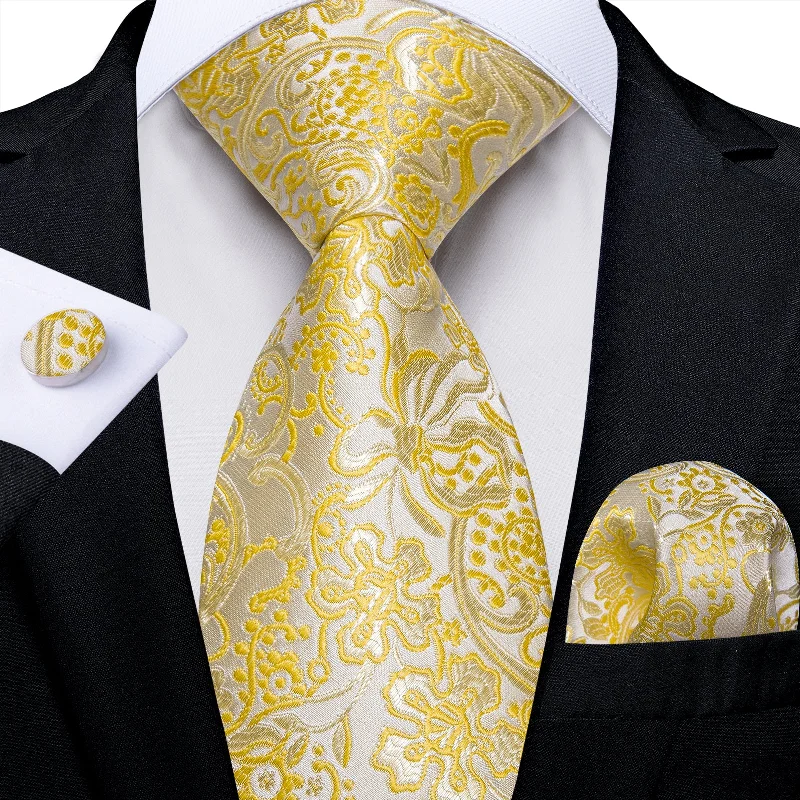 Men's silk tie with a refined texture-Yellow Floral Men's Tie Pocket Square Handkerchief Set