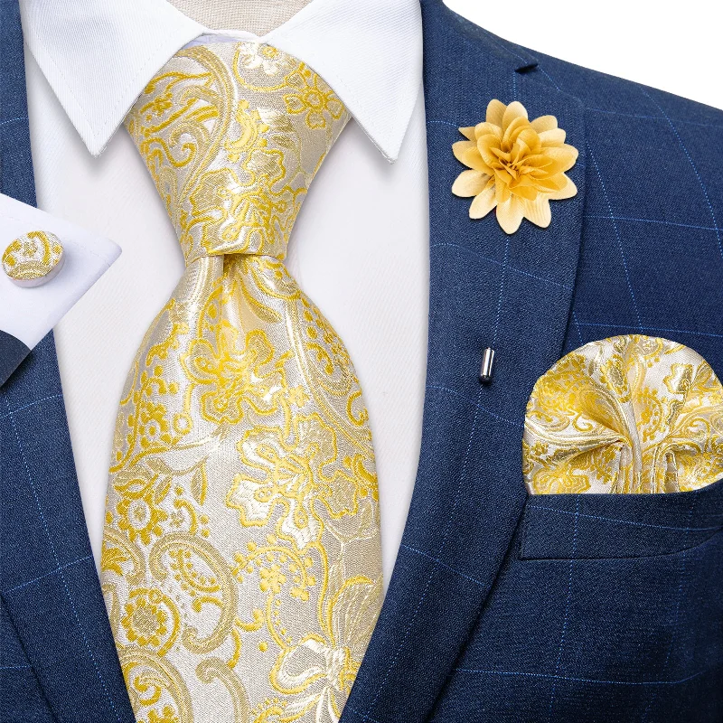 Formal men's neckties-Yellow Floral Silk Men's Necktie Handkerchief Cufflinks Set With Lapel Pin Brooch Set