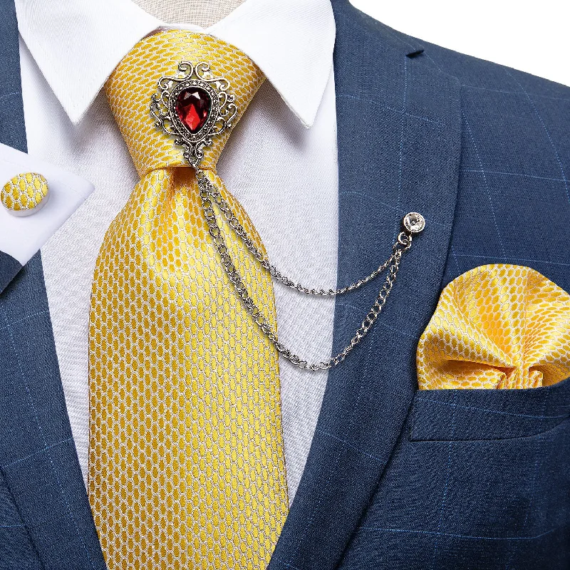 Men's high-end necktie-Yellow Geometric Tie Silk Men's Necktie Handkerchief Cufflinks Set With GEM Lapel Pin Brooch Set