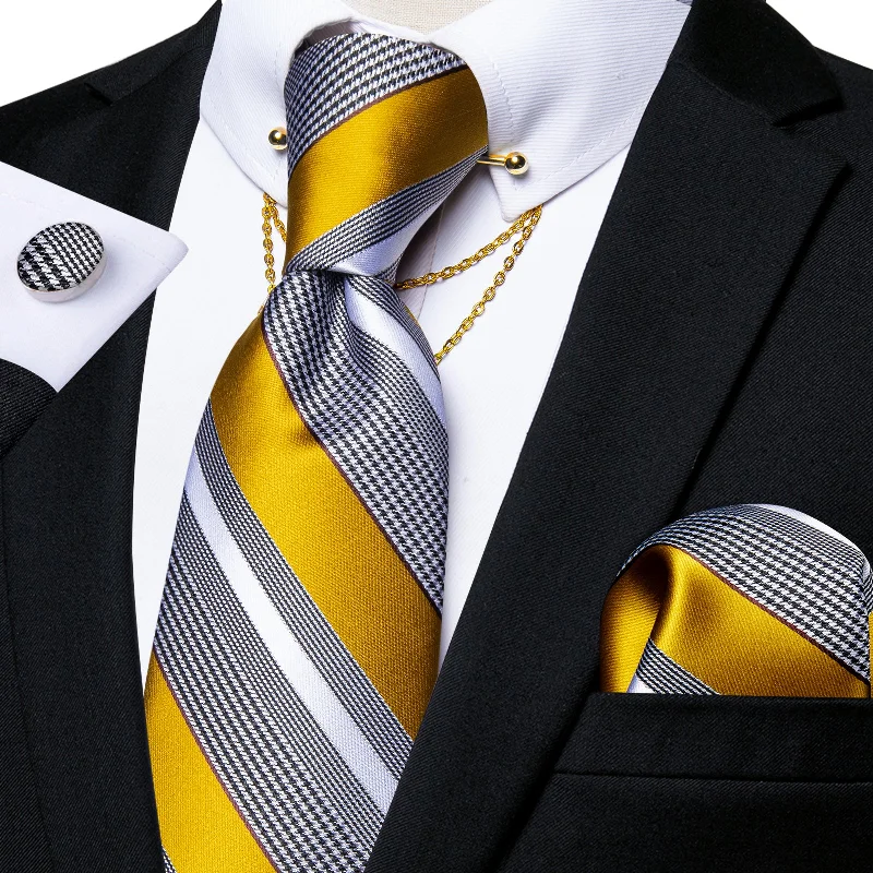 Men's tie for casual gatherings-Yellow Grey Striped Tie Pocket Square Cufflinks with Collar Pin