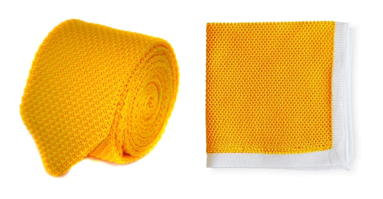 Slim fit men's tie-Yellow Knitted Tie with Matching Pocket Square