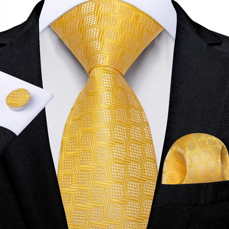 Men's tie with a diamond pattern design-Yellow Plaid Men's Tie Pocket Square Handkerchief Set