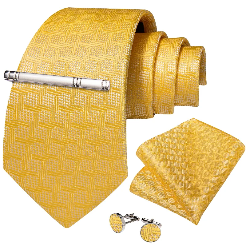 Men's tie for a graduation-Yellow Striped Men's Tie Handkerchief Cufflinks Clip Set