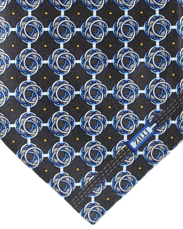 Men's tie with bold stripes-Zilli Silk Tie Black Blue Gray Geometric Design - Wide Necktie SALE