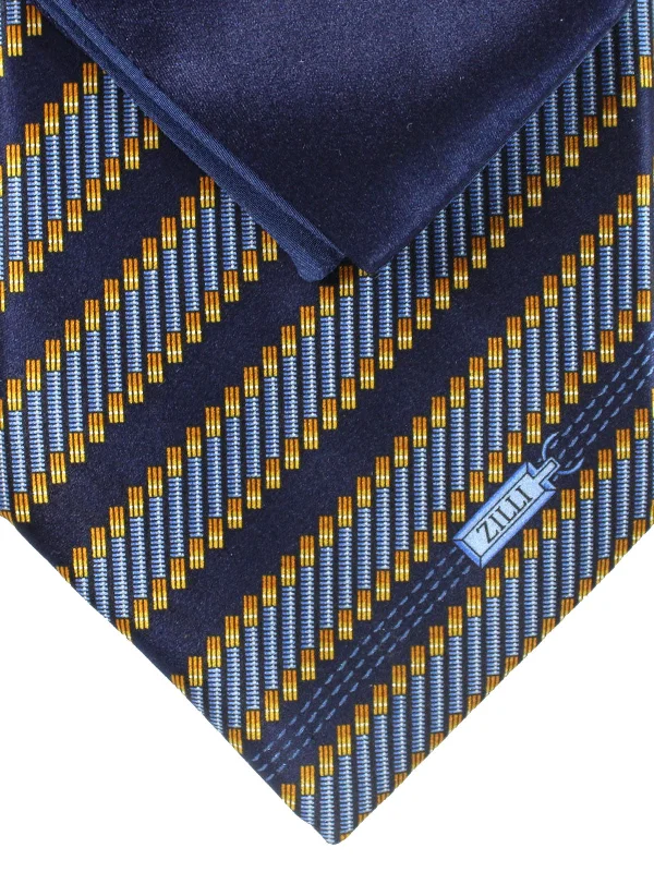 Men's silk tie for interviews-Zilli Tie & Matching Pocket Square Set Dark Blue Stripes