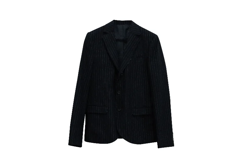 men's grey business suits -Alexander McQueen Raw Hem Striped Blazer in Navy Blue Wool