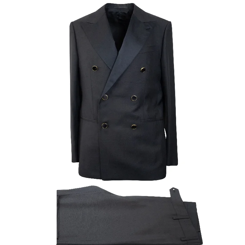 men's suit sets -Black Silk Double Breasted Suit