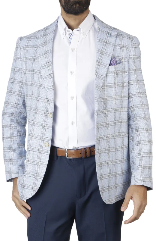 men's business suit with vest -Blue Plaid Textured Sport Coat